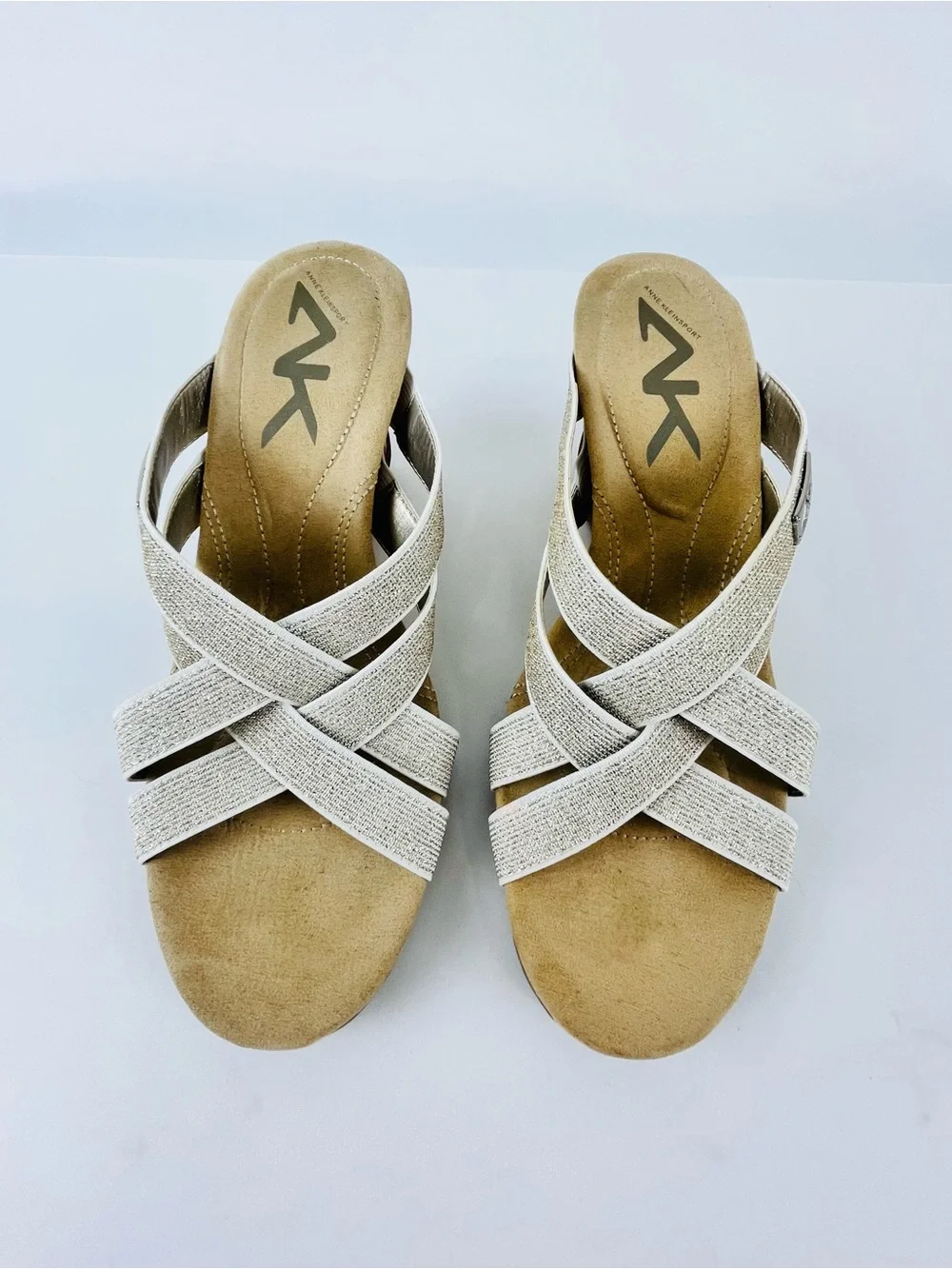 Anne Klein Sport Lakeisha Wedge Sandals Gold Shimmer Textile Bands Size 8